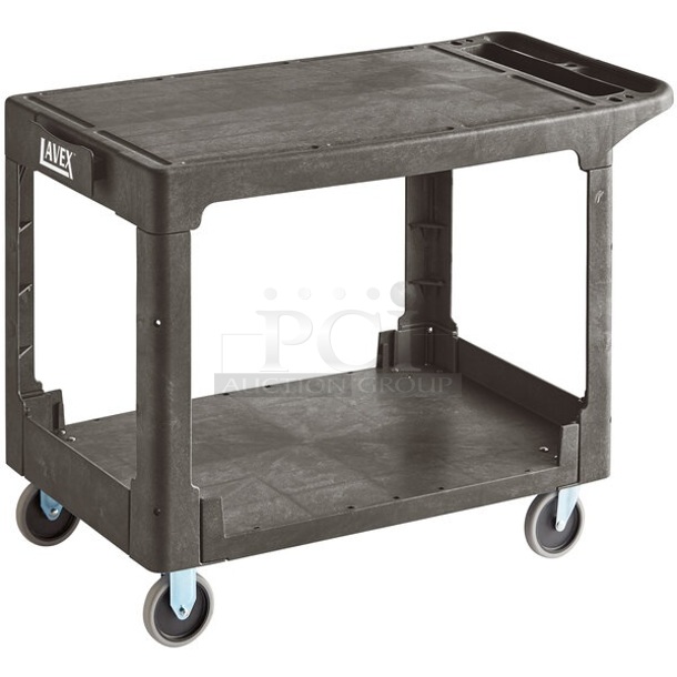BRAND NEW SCRATCH AND DENT! Lavex 475UCLG2FTBK Large Black 2-Shelf Utility Cart with Flat Top and Built-In Tool Compartment - 44" x 25 1/4" x 32 1/4"