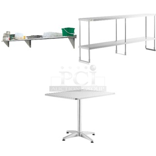 3 BRAND NEW SCRATCH AND DENT! Items Including Advance Tabco WS-15-36 15" x 36" Wall Shelf - Stainless Steel, Regency 600DOS1__4 Stainless Steel Double Deck Overshelf, 427CSTL3131C Lancaster Table & Seating 31 1/2" x 31 1/2" Chrome Square Outdoor Standard Height Table. 3 Times Your Bid! May Be Missing Pieces. 