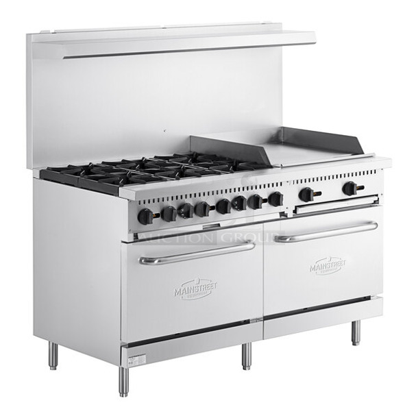 BRAND NEW SCRATCH AND DENT! 2023 Mainstreet 541E60G24N Stainless Steel Commercial Natural Gas Powered 6 Burner 60" Range with 24" Griddle and 2 Standard Ovens, Over Shelf and Back Splash. 280,000 BTU