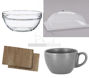 4 BRAND NEW! Items; Cal-Mil 322-12 Classic Clear Dome Display Cover with Single End Opening - 12" x 20" x 7 1/2", E5616B Glass Stackable Bowl, Front of the House XRU007COV80 72" x 14" Metroweave Basketweave Runner, 12 RAK Porcelain SH116CU23 Shale 7.8 oz. Grey Porcelain Coffee Cup. 4 Times Your Bid!