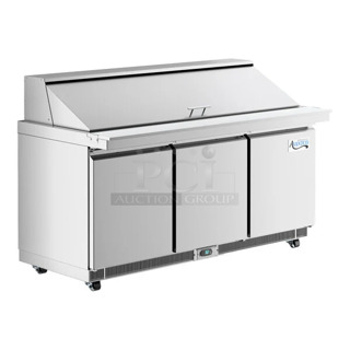 BRAND NEW SCRATCH AND DENT! 2023 Avantco 178ZPT71MHC Stainless Steel Commercial 71" 3 Door Front Breathing Mega Top Refrigerated Sandwich Prep Table. 115 Volts, 1 Phase. Tested and Working!