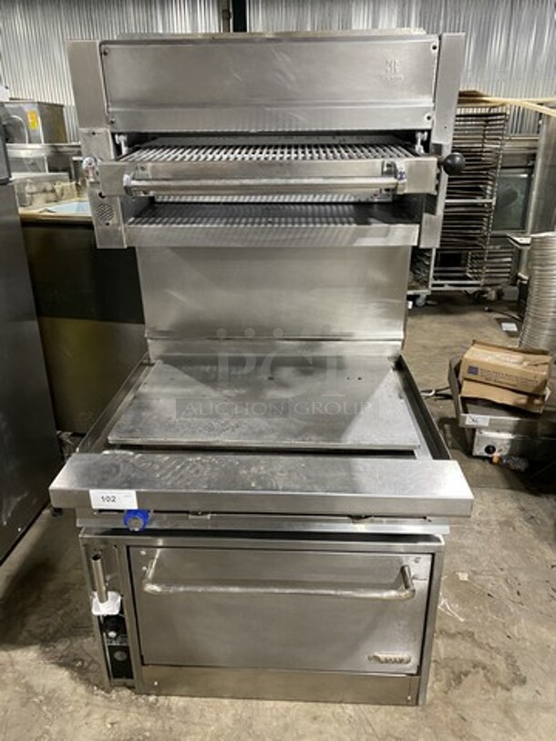 Nice! JADE RANGE Natural Gas Powered 36 Inch Plancha Griddle! With Full Size Oven Underneath! With Raised Back Splash & Jade Range Salamander! All S.S.!  
