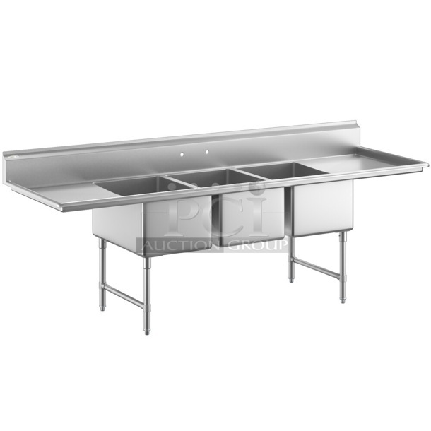 BRAND NEW SCRATCH AND DENT! Regency 600S31818218 Stainless Steel 3 Bay Sink w/ Dual Drain Boards. No Legs. - Item #1127815