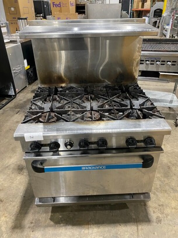 LATE MODEL! Radiance Commercial Natural Gas Powered 6 Burner Stove! With Raised Back Splash And Salamander Shelf! With Oven Underneath! All Stainless Steel! On Casters! WORKING WHEN REMOVED!