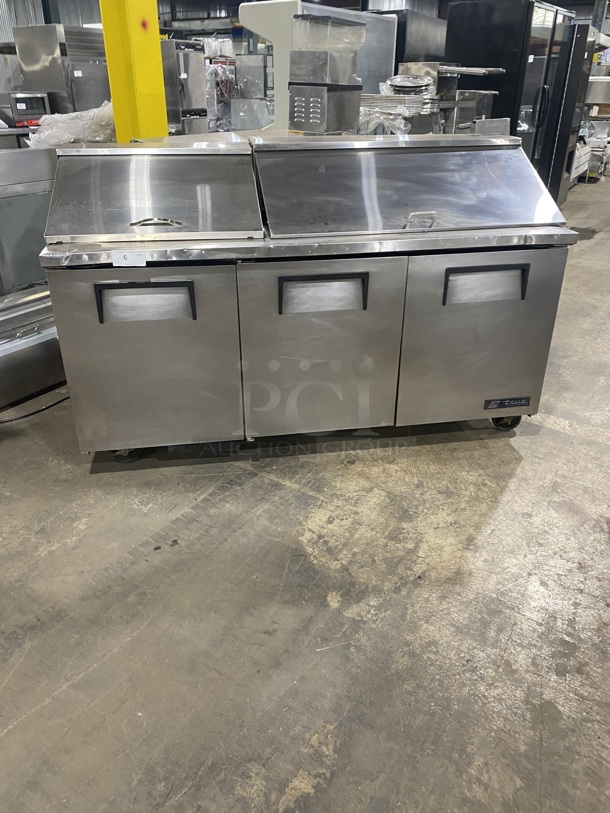 True Commercial Refrigerated Mega Top Sandwich Prep Table! With 3 Door Refrigerated Storage Space Underneath! All Stainless Steel! On Casters! Model TSSU-72-18 Serial 1-4477571! 115V 1 Phase!