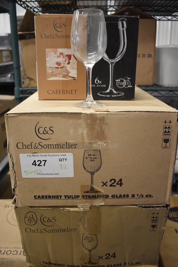 72 BRAND NEW IN BOX! Chef & Sommelier Cabernet Tulip Wine Glasses. 3x3x7. 72 Times Your Bid!