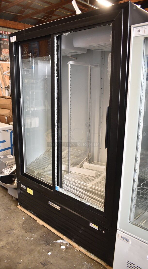 BRAND NEW SCRATCH AND DENT! 2024 Beverage Air MT53-1-SD Metal Commercial 2 Door Reach In Cooler Merchandiser w/ Poly Coated Racks. See Pictures for Broken Glass on Right Door. 115 Volts, 1 Phase. Tested and Seems To Be Working But Cannot Temp Due To Broken Door
