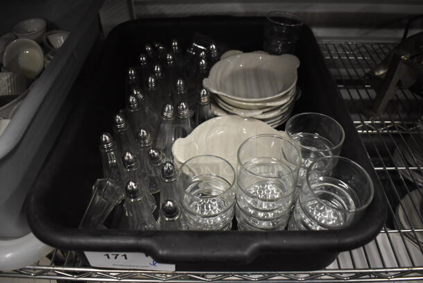 ALL ONE MONEY! Lot of Various Salt Shakers, Glasses and Single Serving Casserole Dishes in Black Poly Bus Bin