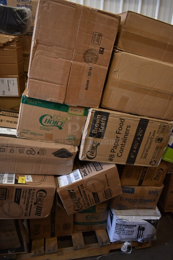 PALLET LOT of 30 BRAND NEW! Boxes Including 2 Box 129MCS24B Choice 24 oz. Black Rectangular Microwavable Heavy Weight Container with Lid 8" x 5 1/4" x 2" - 150/Case, 395RB08FF EcoChoice Sugarcane Containers, 130BKFSNS Visions Heavy Weight Black Wrapped Plastic Cutlery Pack with Napkin and Salt and Pepper Packets - 500/Case, 500CFT C-fold Towels, 795PTOKFT8 Choice Kraft Microwavable Folded Paper #8 Take-Out Container 6" x 4 5/8" x 2 1/2" - 300/Case, 395TO991 EcoChoice 9" x 9" x 3" Compostable Sugarcane / Bagasse 1 Compartment Take-Out Box - 200/Case, 128HDLDBULK ChoiceHD Microwavable Translucent Plastic Deli Container Lid - 480/Case, Hairnet Cap, 9542DL500B9 Dixie Hot Cup Lids. 30 Times Your Bid!