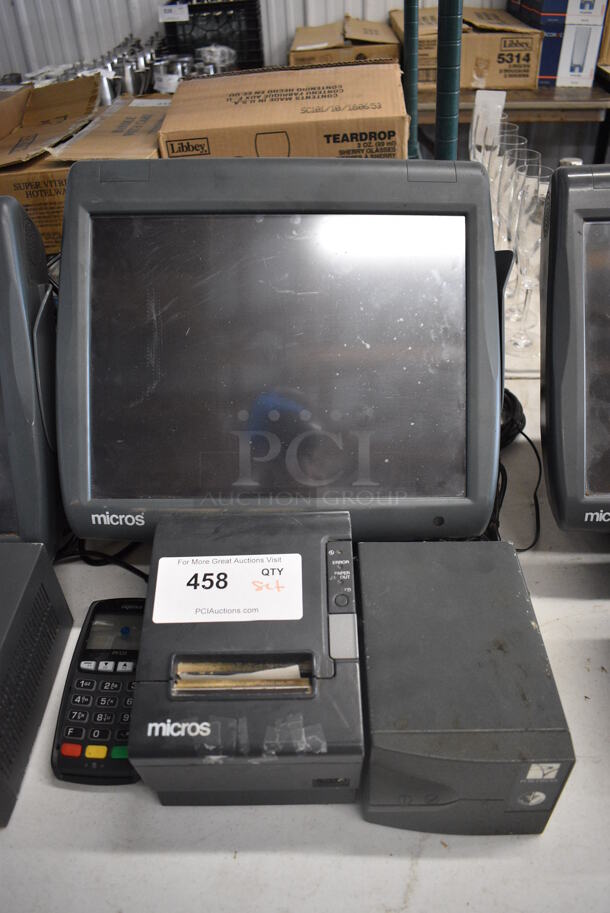 ALL ONE MONEY! Lot of Micros 15" POS Monitor, Epson Model M129H Receipt Printer, Powervar Model ABCG152-11 Power Conditioner and Ingenico iPP320 Credit Card Reader