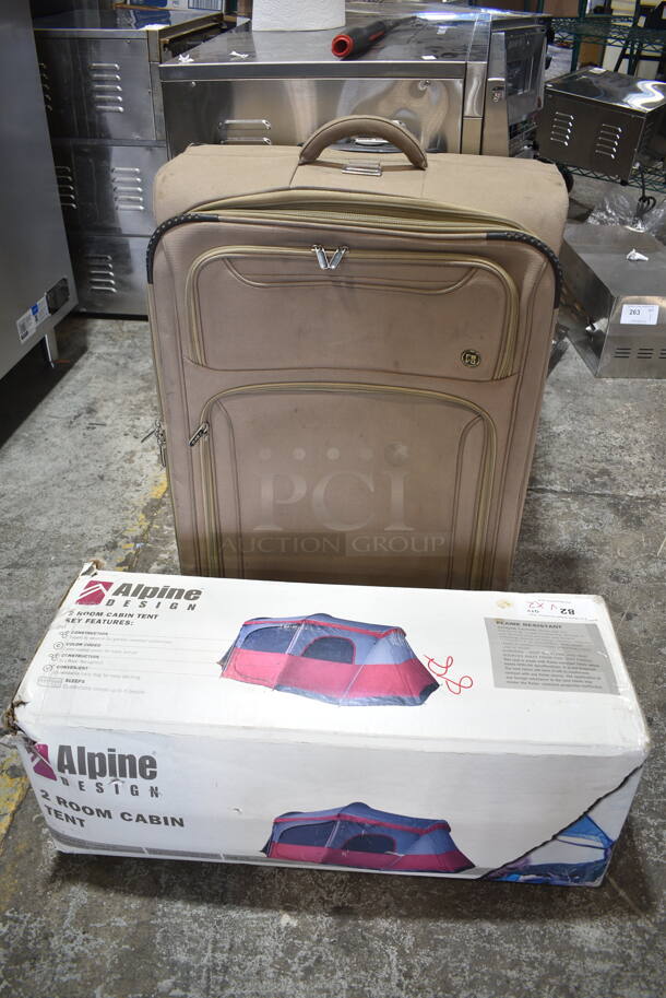 2 Items; Brown Luggage Bag and Alpine  2 Room Cabin Tent. 2 Times Your Bid!