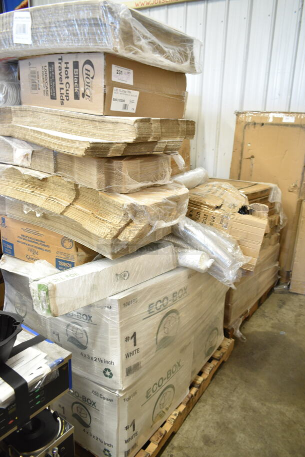 PALLET LOT of 20 BRAND NEW Boxes Including 245CPB16WHT White Corrugated Pizza Box, 500L1020B Choice Black Hot Paper Cup Travel Lid for 10-24 oz. Standard Cups and 8 oz. Squat Cups - 1000/Case, Solo 626NSL Prima PET Plastic Cold Cup Strawless Lid - 1000/Case, 6 Boxes 100150 Eco-Box Containers. 20 Times Your Bid! - Item #1117720