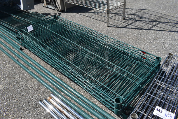 ALL ONE MONEY! Lot of 5 Green Finish Shelves and 3 Poles! 48x18x1.5, 74"