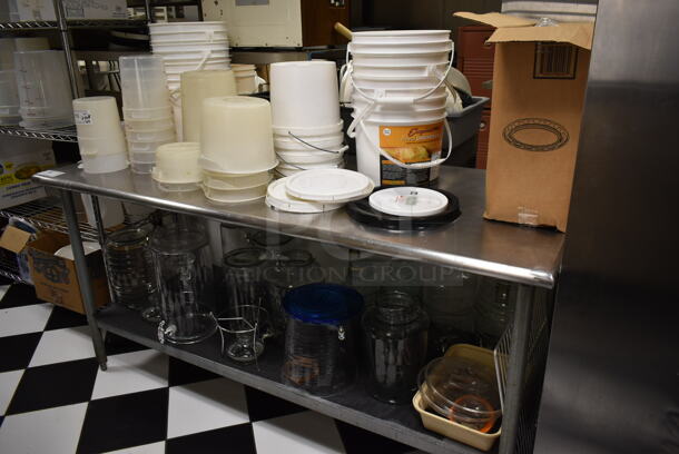 ALL ONE MONEY! Lot of Various Items on and Under Table Including Poly Buckets. (ice room)