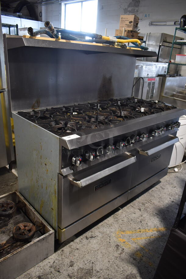 2022 Seagate SEAG-SG-R60 Stainless Steel Commercial Natural Gas Powered 10 Burner Range w/ 2 Ovens, Over Shelf and Back Splash. Comes w/ 4 Gas Hoses!