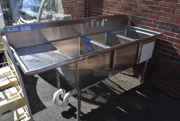 Stainless Steel Commercial 3 Bay Sink w/ Dual Drainboards and Handles. 79x30x43. Bays 18x24x14. Drainboards 16x26x1