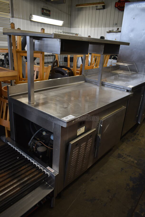 FMI H07048 Stainless Steel Commercial Single Door Work Top Cooler w/ Over Shelf and Back Splash on Commercial Casters. 115 Volts, 1 Phase. Tested and Powers On But Does Not Get Cold