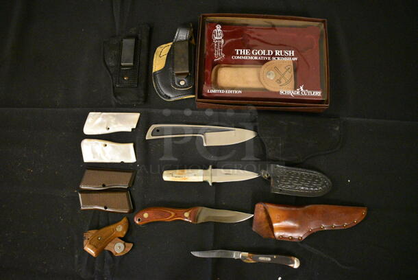 ALL ONE MONEY! Lot of Various Items Including 4 Knives, Holster, Sheaths, Replacement Handles and Scrimshaws.