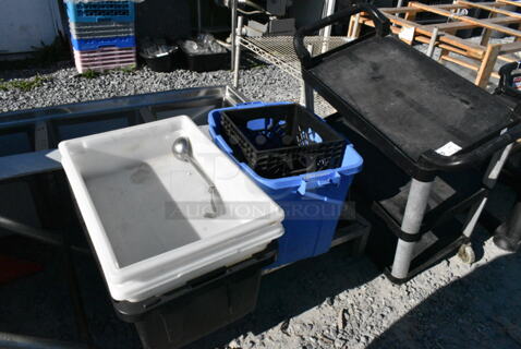 6 Various Items Including Black Poly 3 Tier Cart, Metal Dunnage Rack and Poly Bins. 6 Times Your Bid! 