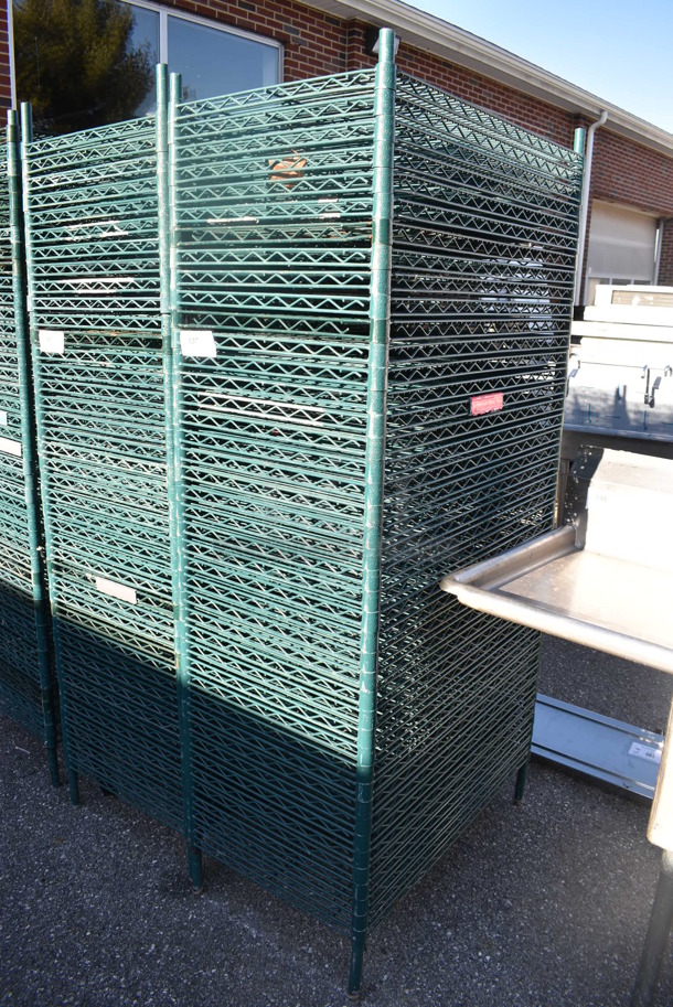 ALL ONE MONEY! Lot of 42 Green Finish Wire Shelves and 4 Poles. 36x21x1.5, 76"