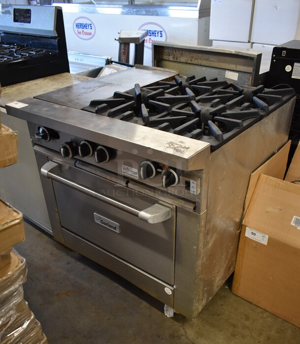 2016 Garland G36-6C Stainless Steel Commercial Natural Gas Powered 4 Burner Range w/ Left Side Flat Top and Convection Oven.