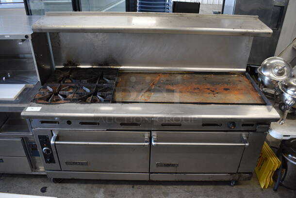 American Range Stainless Steel Commercial Natural Gas Powered 4 Burner Range w/ Flat Top, Oven, Convection Oven, Over Shelf and Back Splash on Commercial Casters. 72x33x56.5
