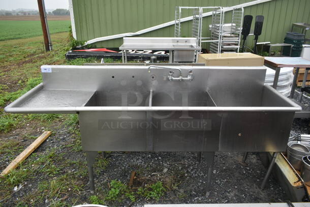 Stainless Steel Commercial 3 Bay Sink w/ Left Side Drain Board, Faucet and Handles. Bays 23x24