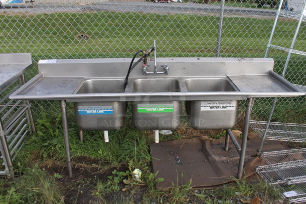 Stainless Steel Commercial 3 Bay Sink w/ Dual Drain Boards and Handles. Bays 16x20. Drain Boards 16x23