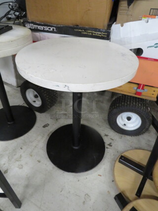 One Round White/Gray Marble Table Top On A Black Pedestal Base. VERY HEAVY. 20X28