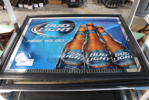 4 Various Framed Beer Signs; 2 Bud Light, Budweiser, Heineken. Includes 34.5x1x27. 4 Times Your Bid!