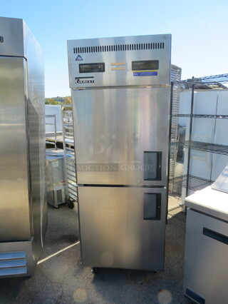 One WORKING Everest Dutch Door Refrigerator/Freezer, With 2 Racks On Casters. Model# ESRFH2-CH. 115 Volt. 28.5X32X79. $3609.00.