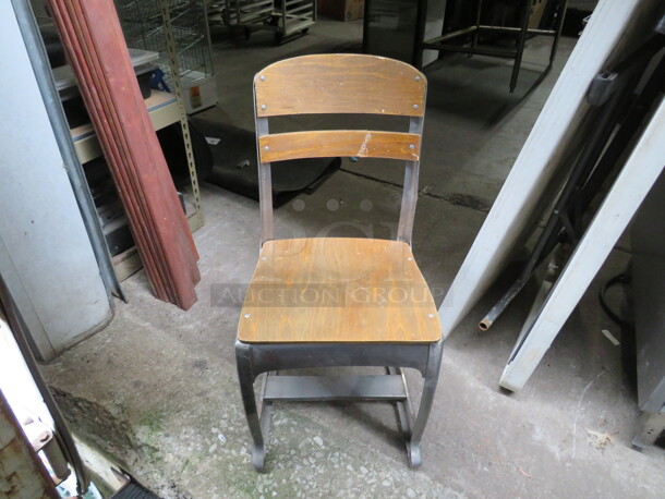 One Wooden Metal Vintage Look Chair. Back Slat Cracked.