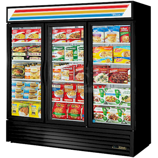 BRAND NEW SCRATCH & DENT! True GDM-72F-HC~TSL01 78 1/8" Black Glass Door Merchandiser Freezer with LED Lighting. Tested. Turns On And Quickly Got Cold.