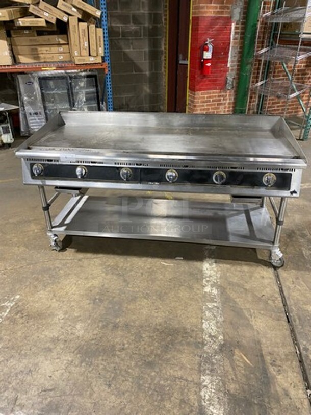 NICE! Star Commercial Countertop Natural Gas Powered Flat Top Griddle! With Back And Side Splashes! With Storage Space Underneath! All Stainless Steel! On Casters!
