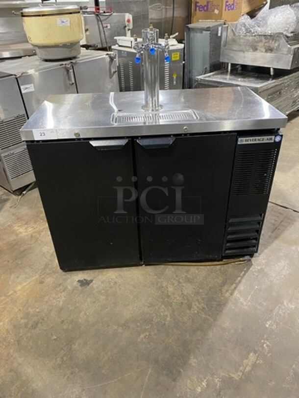 Beverage Commercial Refrigerated 3 Tap Kegerator! With 2 Door Storage Space Underneath! Model: DD48Y1B079 SN: 10814264 115V 60HZ 1 Phase