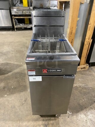 Cookline Commercial Natural Gas Powered Deep Fat Fryer! All Stainless Steel! With Backsplash! With Two Frying Baskets! On Legs! Model: CF-50 SN:2207018048!