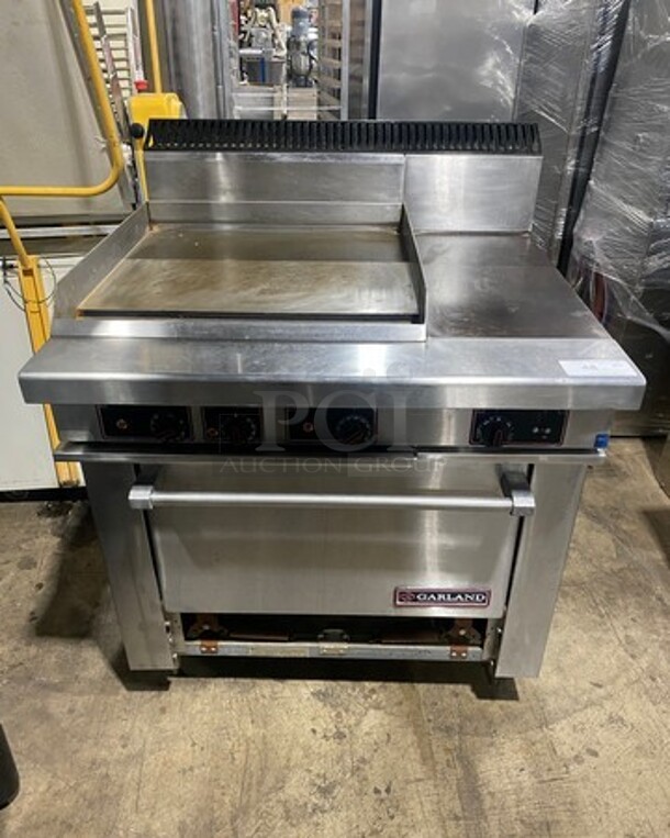 NICE! Garland Commercial Electric Powered Flat Griddle With Right Side Hot Plate! Griddle Has Side Splashes! With Back Splash! With Oven Underneath! All Stainless Steel! On Legs! WORKING WHEN REMOVED! Model: S6861R24L SN: 0009RE087R 208V 60HZ 3 Phase