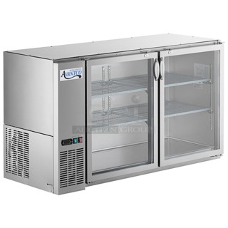 BRAND NEW SCRATCH & DENT! Avantco UBB-60-GT-G-S 60" Stainless Steel Underbar Height Narrow Glass Door Back Bar Refrigerator with Galvanized Top and LED Lighting. Door hinges need to be adjusted. Tested. WORKS PERFECT!! 