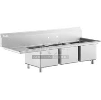 BRAND NEW SCRATCH AND DENT! Regency 600S3162018L Stainless Steel 3 Bay Sink w/ Left Side Drain Board. Bays 16x20x12. Drain Board 16.5x21.5. No Legs. 