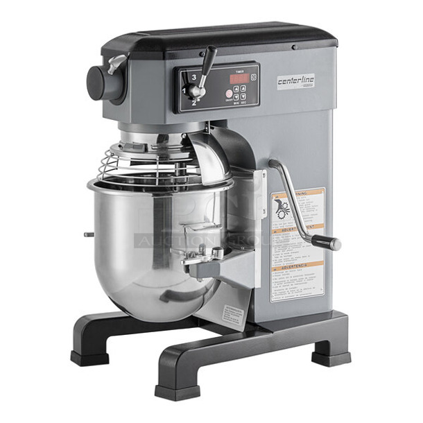 BRAND NEW SCRATCH AND DENT! 2023 Centerline by Hobart HMM10-1STD Metal Commercial Countertop 10 Quart Planetary Dough Mixer w/ Stainless Steel Mixing Bowl, Bowl Guard, Paddle, Whisk and Dough Hook Attachments. 120 Volts, 1 Phase. Tested and Powers On But Parts Do Not Move
