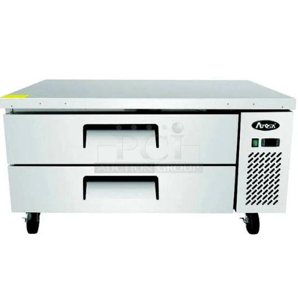 BRAND NEW! 2022 Atosa MGF8451GR Stainless Steel Commercial 2 Drawer Chef Base on Commercial Casters. 115 Volts, 1 Phase. Tested and Working!