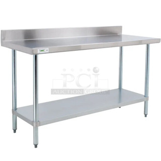 BRAND NEW SCRATCH AND DENT! Regency 600TB2472G 24" x 72" 18-Gauge 304 Stainless Steel Commercial Work Table with 4" Backsplash and Galvanized Undershelf. May Be Missing Pieces. 