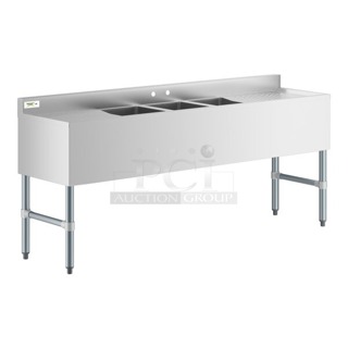 BRAND NEW SCRATCH & DENT! Regency 600B31014219 3 Bowl Underbar Sink with Two Large Drainboards - 72" x 18 3/4". Minor Denting. Sink Only. Minor damage to top of top right corner. see photos. 