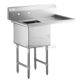 BRAND NEW SCRATCH & DENT! Regency 60S1181818R 38 1/2" 16-Gauge Stainless Steel One Compartment Commercial Sink - 18" x 18" x 14" Bowl - Right Drainboard. Sink component only. Top Right and Left Corners are Bent. 