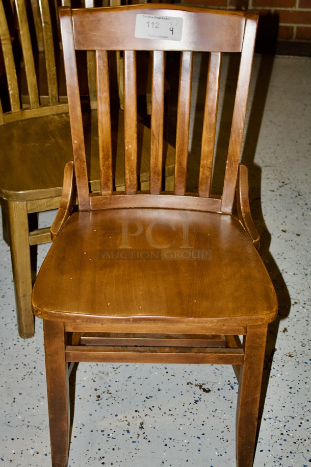 SOLID CRAFTSMANSHIP! Set Of 4 Wooden Ladder Back Chairs. 
18x13x35
some chairs are darker than others. 