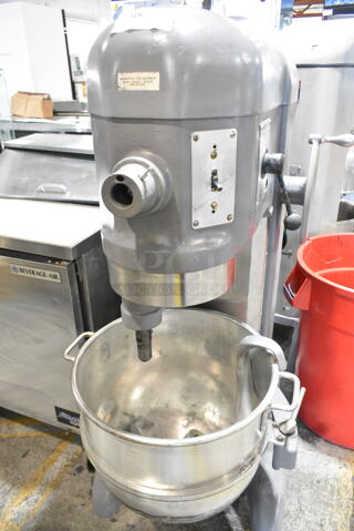 Hobart H-600 Metal Commercial Floor Style 60 Quart Planetary Dough Mixer w/ Mixing Bowl and Dough Hook Attachment. 208 Volts, 3 Phase.