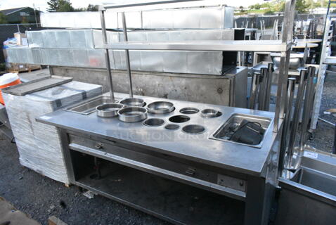 Stainless Steel Commercial Natural Gas Powered Steam Table w/ 2 Tier Over Shelf, Under Shelf and Stainless Steel Drop In Bins. 