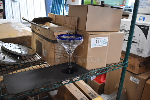 ALL ONE MONEY! Lot of 3 Boxes of 2 Margarita Glasses and Box of 6 Acopa 14"x6.25" Flat Platter.