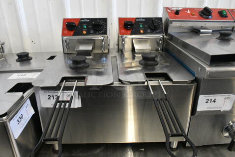 BRAND NEW SCRATCH AND DENT! 2023 Crosson CF-20 Stainless Steel Commercial Countertop Electric Powered 2 Bay Fryer w/ 2 Metal Fry Baskets and 2 Lids. 120 Volts, 1 Phase.