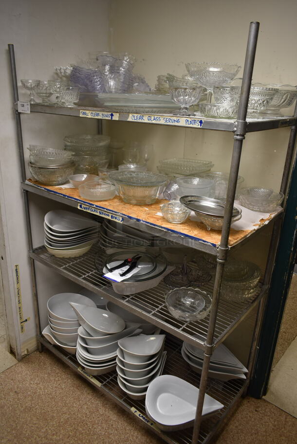 Metal Wire 4 Tier Shelving Unit w/ Contents Including Ceramic Bowls. BUYER MUST REMOVE: BUYER MUST DISMANTLE. PCI CANNOT DISMANTLE FOR SHIPPING. PLEASE CONSIDER FREIGHT CHARGES. (dish room)